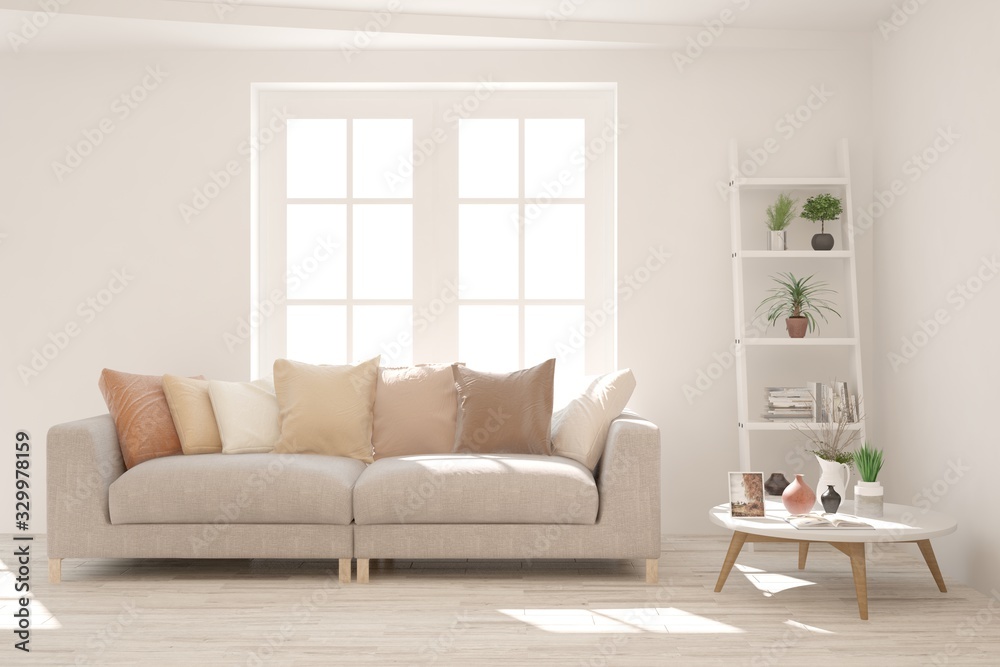 Modern living room in white color with sofa. Scandinavian interior design. 3D illustration Modern living room in white color with sofa. Scandinavian interior design. 3D illustration