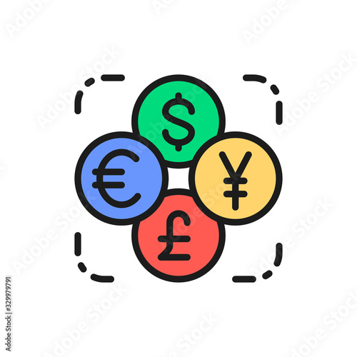 Currency exchange, foreign money, coin of dollar, euro, yen flat color line icon