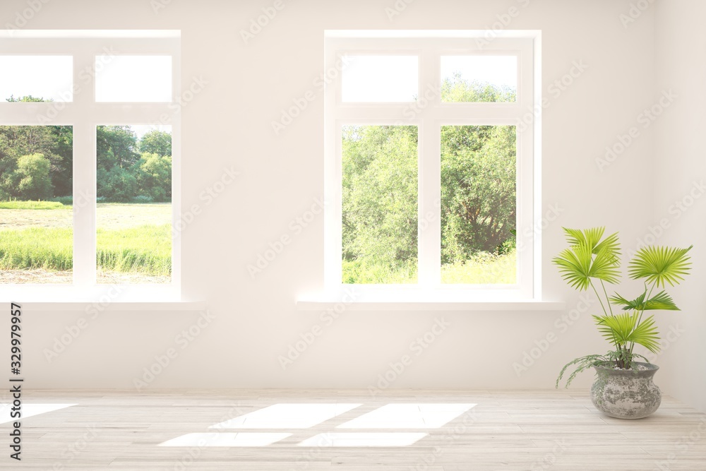 Fototapeta premium Minimalist living room in white color with sofa and summer landscape in window. Scandinavian interior design. 3D illustration
