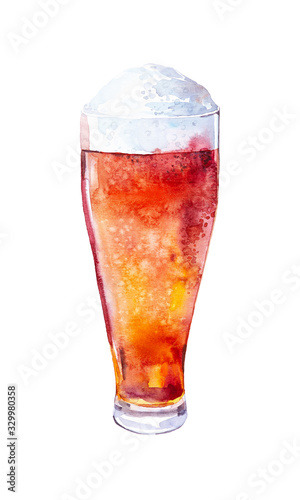 A glass of cold fresh beer with a thick foam. Watercolor illustration isolated on white background