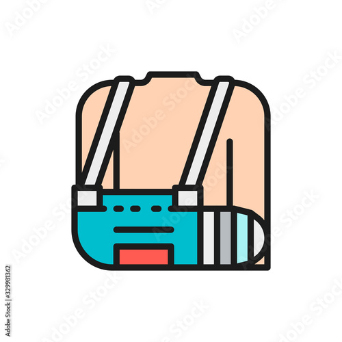 Broken arm, bandage, injured man flat color line icon.