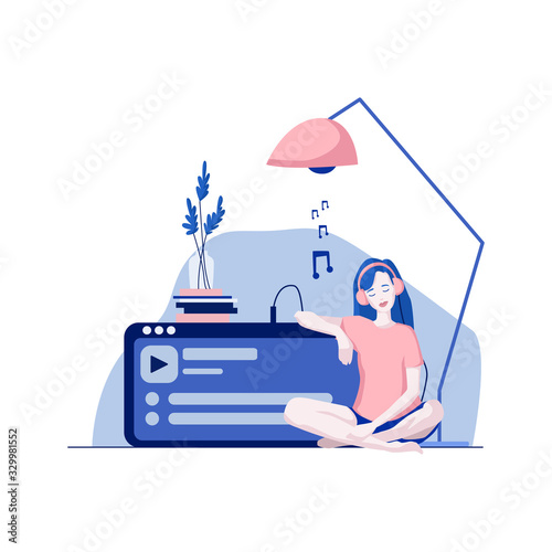 Girl in headphones sitting on floor, listening Music. Modern flat illustration.
