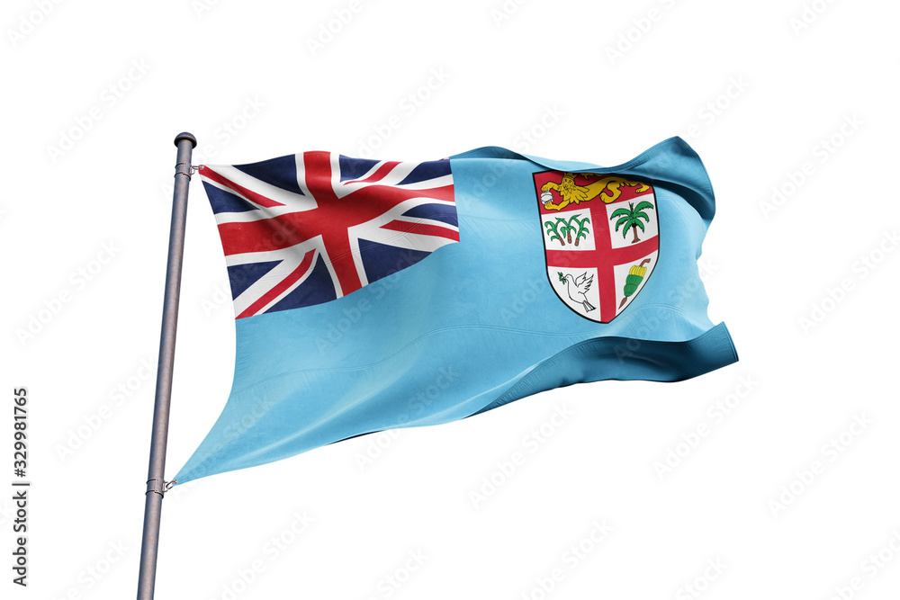 Fototapeta premium Fiji flag waving on white background, close up, isolated – 3D Illustration
