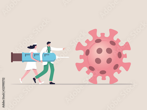 COVID-19 Virus Vaccine, syringe injection, prevention, immunization, cure and treatment for coronavirus infection, doctors carrying big syringe injecting COVID-19 Virus pathogen.