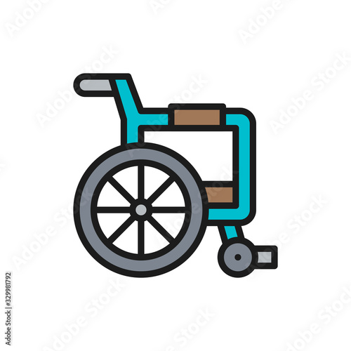 Disabled carriage, wheelchair flat color line icon.