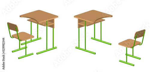 set of school desks and chairs in realistic 3D design on a transparent background, isolated