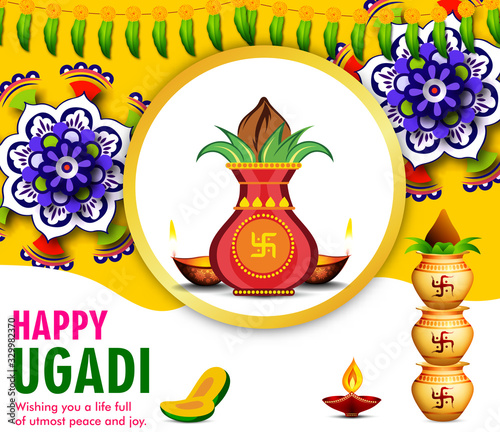 vector festive illustration. Hindu New Year celebration for Marathas and Konkani Gudi Padwa. design of festival Ugadi (Gudi Padwa). Vector illustration.