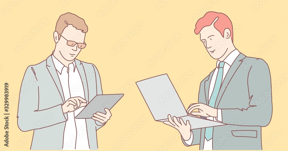 Businessman uses a laptop. Man with glasses uses a tablet. Hand drawn vector illustration. Businessman uses a laptop. Man with glasses uses a tablet. Hand drawn vector illustration.