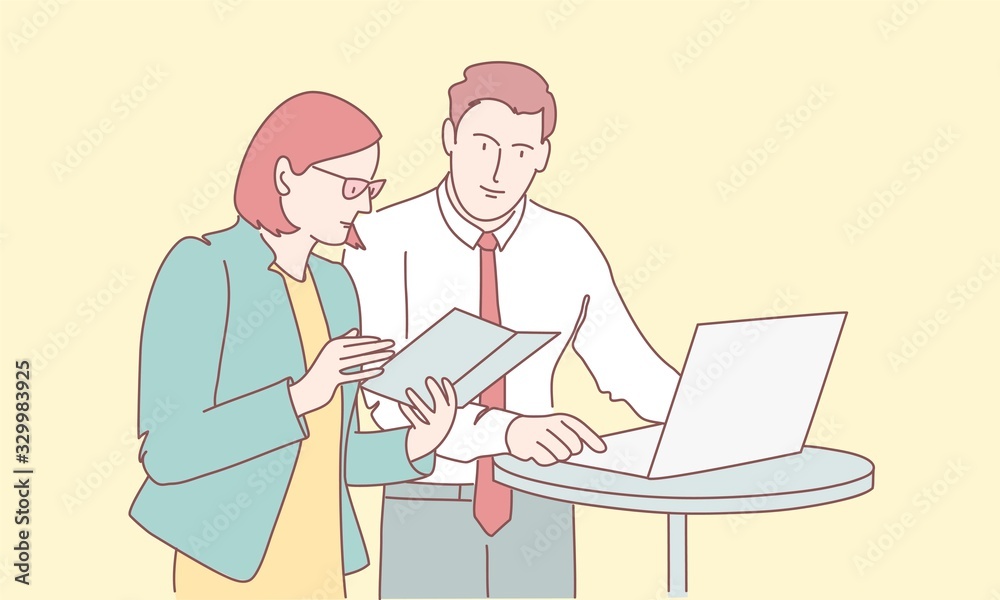 Obraz premium Hand drawn vector illustration of man and woman discussing work.