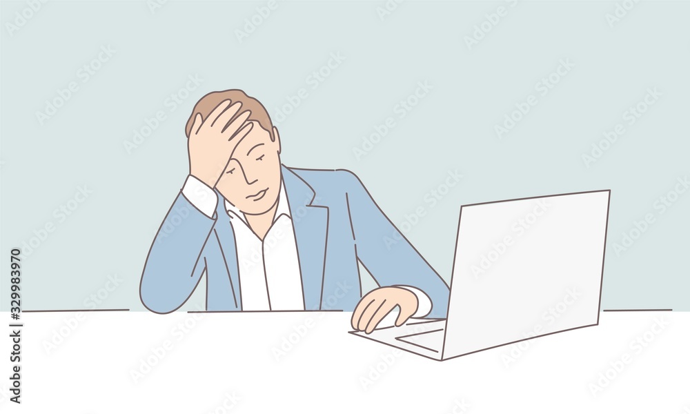 Hand drawn vector illustration of man characters sits at table with laptop and holds his head. Hand drawn vector illustration of man characters sits at table with laptop and holds his head.