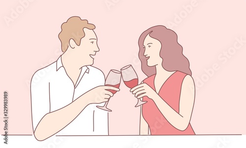 Hand drawn vector illustration of couple drinking wine.
