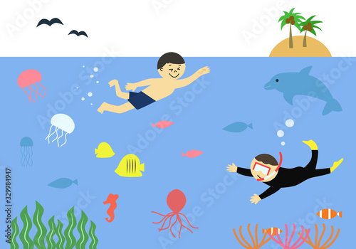 海・シュノーケリングイラストセット