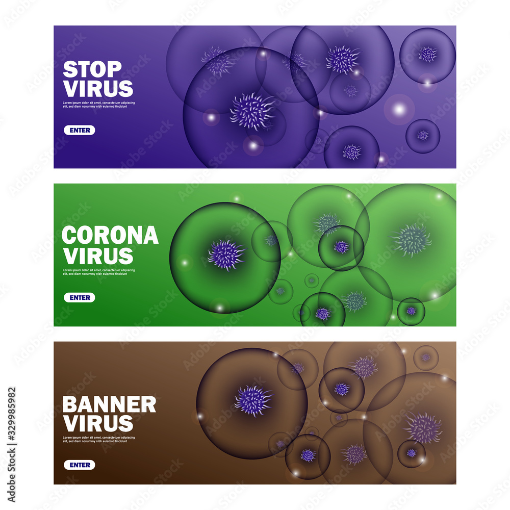 Set of banner virus, template for banner with realistic bacteria concept. corona virus vector.
