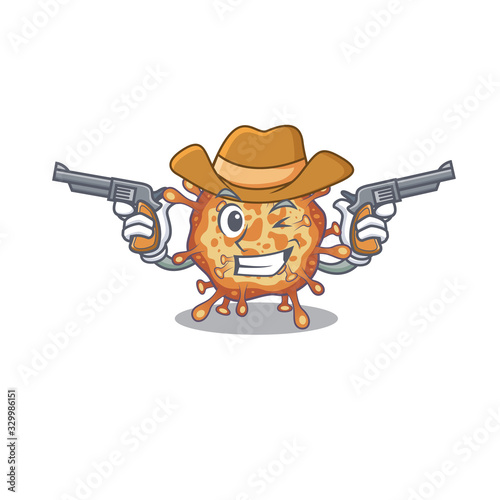Funny retro virus corona as a cowboy cartoon character holding guns