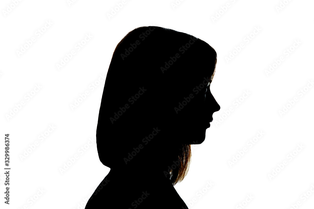 Black silhouette of a female profile isolated on white background, anonymity concept. Black silhouette of a female profile isolated on white background, anonymity concept.