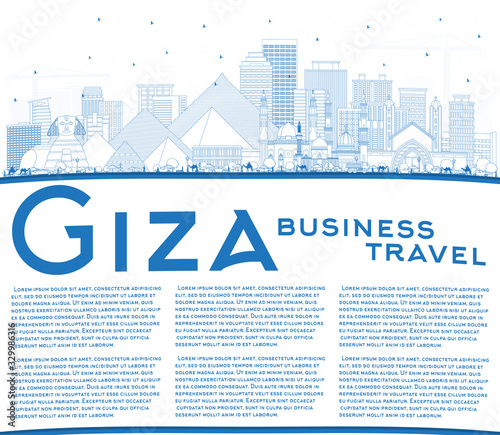 Outline Giza Egypt City Skyline with Blue Buildings and Copy Space.