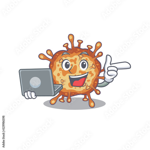 An icon of smart retro virus corona working with laptop