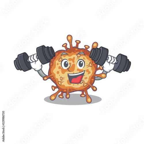 Smiley Fitness exercise retro virus corona cartoon character raising barbells