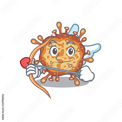 Romantic picture of retro virus corona Cupid cartoon character with arrow and wings