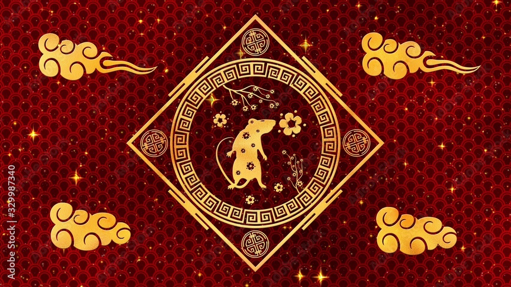 Gold Chinese New Year background with gold and black, rat, 3D rendering. Magical Happy new year animation.