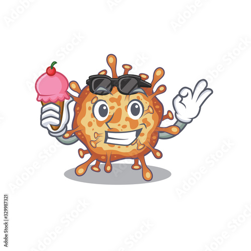 cartoon character of retro virus corona holding an ice cream