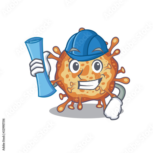 Smiling Architect of retro virus corona having blue prints and blue helmet