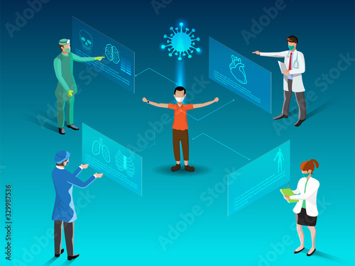 Isometric smart health and covid-19 concept futuristic design illustration - track your health condition through devices network control.