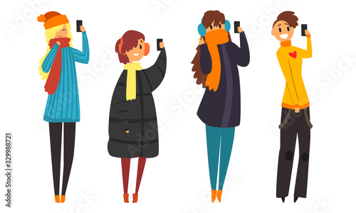 Trendy People with Gadgets Collection, Young Man and Woman Taking Selfie for Social Median Networks Vector Illustration on White Background photo