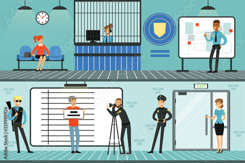 Police Department Interior with Receptionist, Policemen, Suspected Man Posing for Mugshot Holding Signboard Vector Illustration