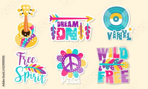 Retro Hippie Patches Collection, Cute Colorful Bright Stickers Vector Illustration