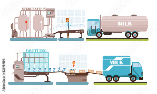 Industrial Production of Milk Set, Processing of Natural Dairy Product Vector Illustration