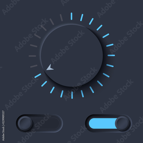 Neumorph UI kit with Volume Knob and switches. Dark set. Workflow Control and navigation elements in Skeuomorph Trend. Design for smart technology applications. Vector illustration. photo