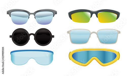 Collection of Sunglasses and Spectacles, Eyeglasses of Different Shapes and Design Vector Illustration