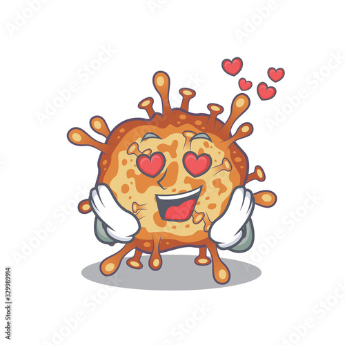 cute retro virus corona cartoon character showing a falling in love face