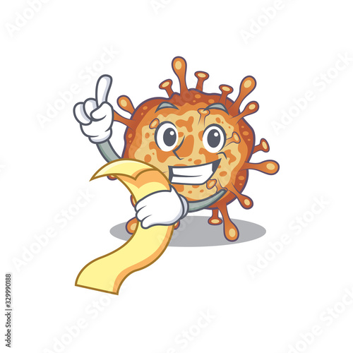cartoon character of retro virus corona holding menu ready to serve