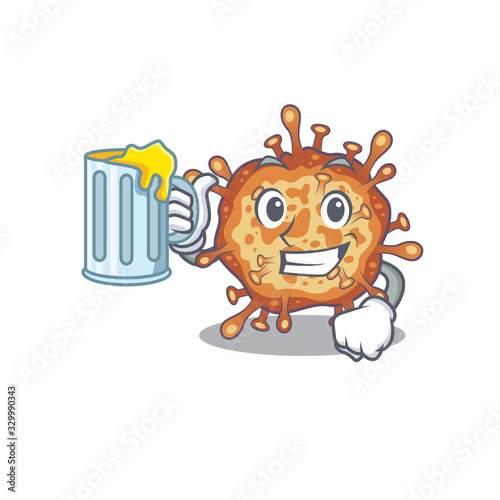 Cheerful retro virus corona mascot design with a glass of beer