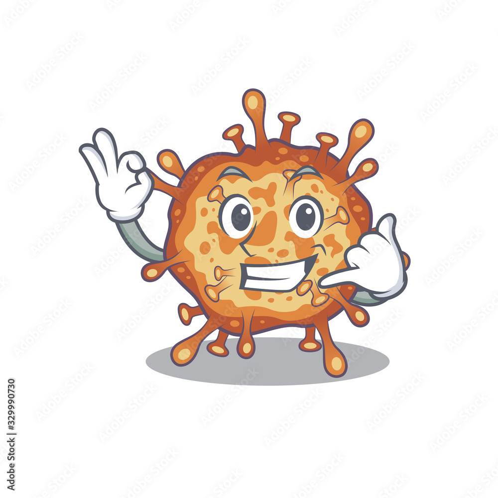 Retro virus corona mascot cartoon design showing Call me gesture