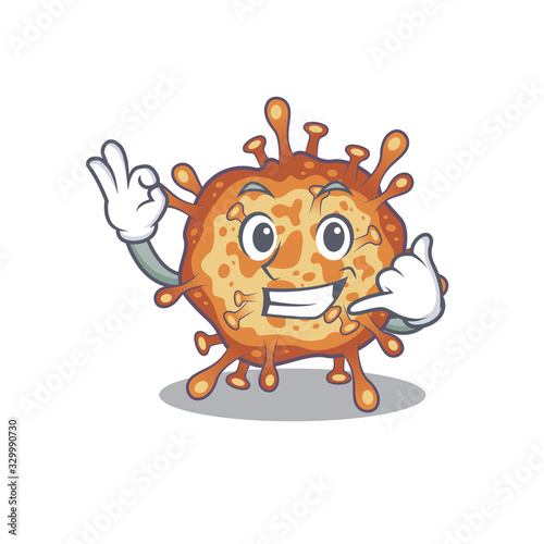 Retro virus corona mascot cartoon design showing Call me gesture