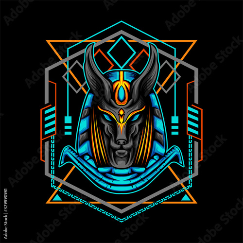 Orange Blue Anubis with Geometry Ornament