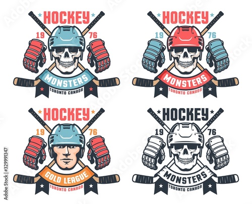 Hockey skull vintage logo with crossed sticks and ribbon. Retro sport emblem with hockey player face. Vector illustration.