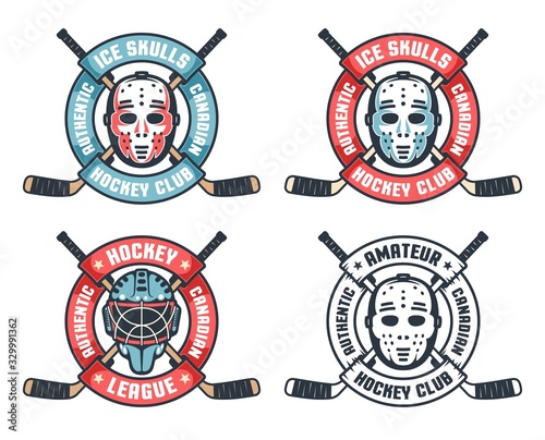Hockey retro logo with goalie mask, crossed sticks and round ribbon. Sport retro goalkeeper helmet emblem. Vector illustration.