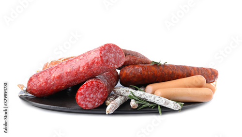 Εκτύπωση καμβά Slate plate with different tasty sausages isolated on white