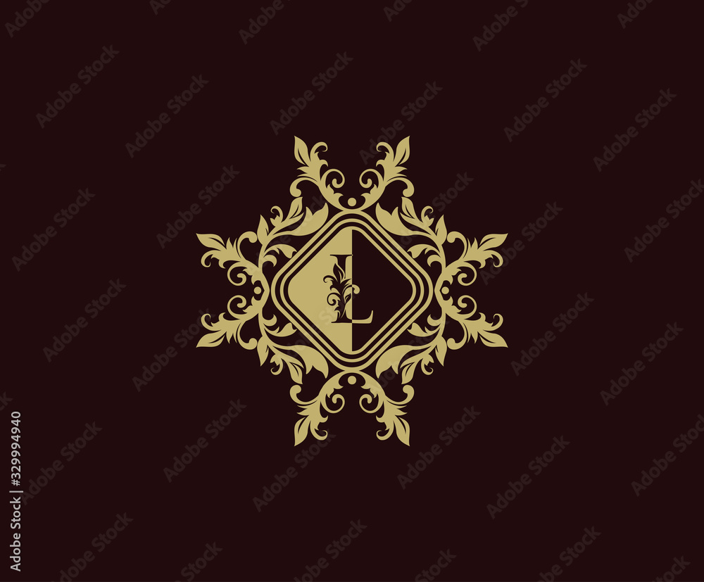 Luxury logo design with initial L. Elegant flourishes L Letter. Border carved frame logo template. Vintage vector element.