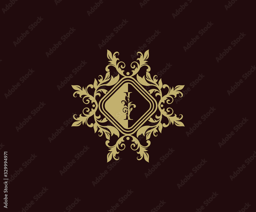 Luxury logo design with initial I. Elegant flourishes I Letter. Border carved frame logo template. Vintage vector element.