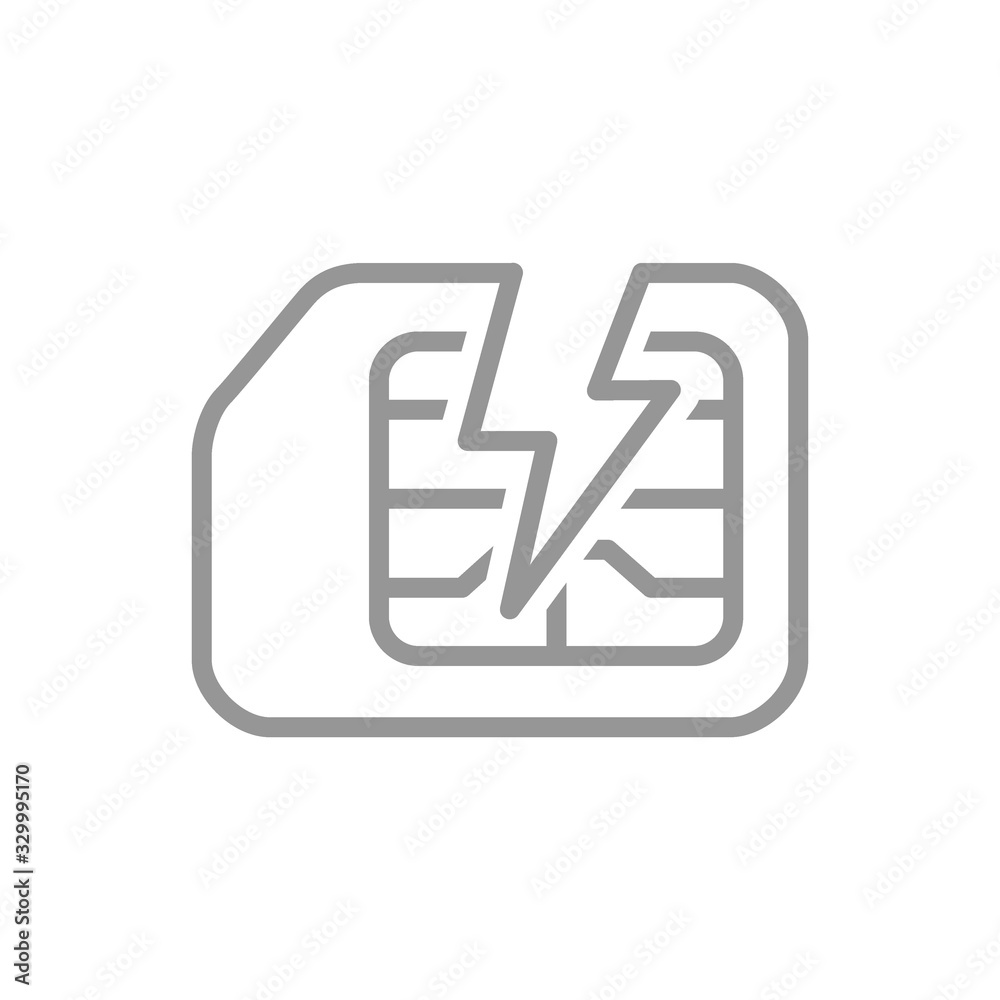 Broken SIM card line icon. Damage phone chip, mobile card symbol Broken SIM card line icon. Damage phone chip, mobile card symbol