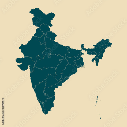 Indian map with states vector illustration.Dutch white mid night green color.