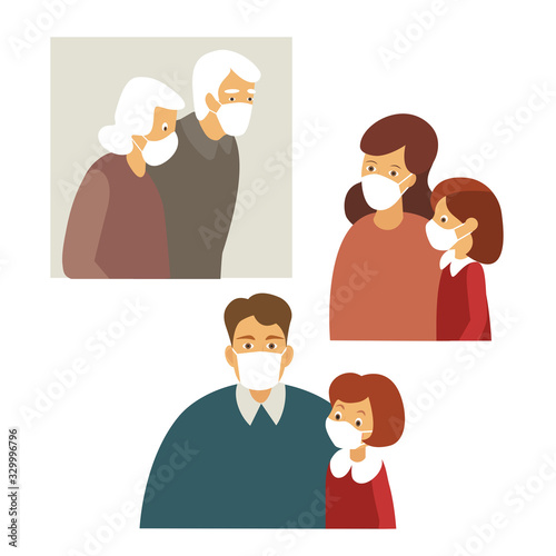 a family of three generations wears medical masks to protect against viral diseases.  		the image is divided in pairs into three groups. the flat pattern.  		stock vector illustration. EPS 10.