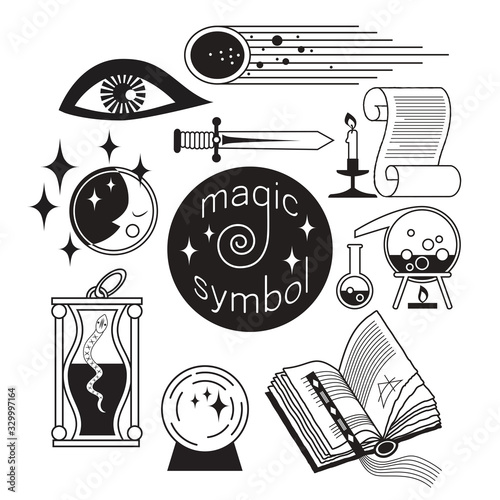 a set of magic symbols. nine black-and-white magic objects can be used as icons.  		the inscription is in magical symbols. monochrome linear drawing. stock vector illustration. EPS 10.