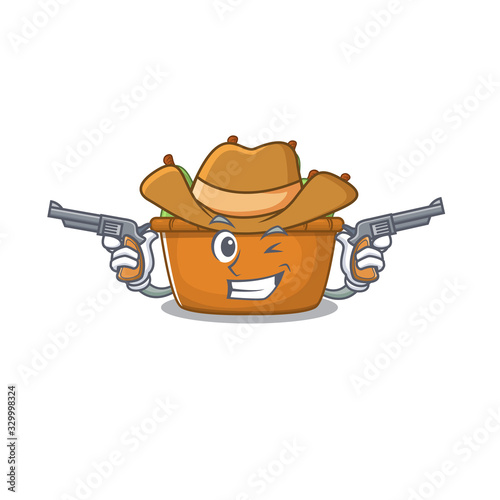 Funny pear fruit box as a cowboy cartoon character holding guns