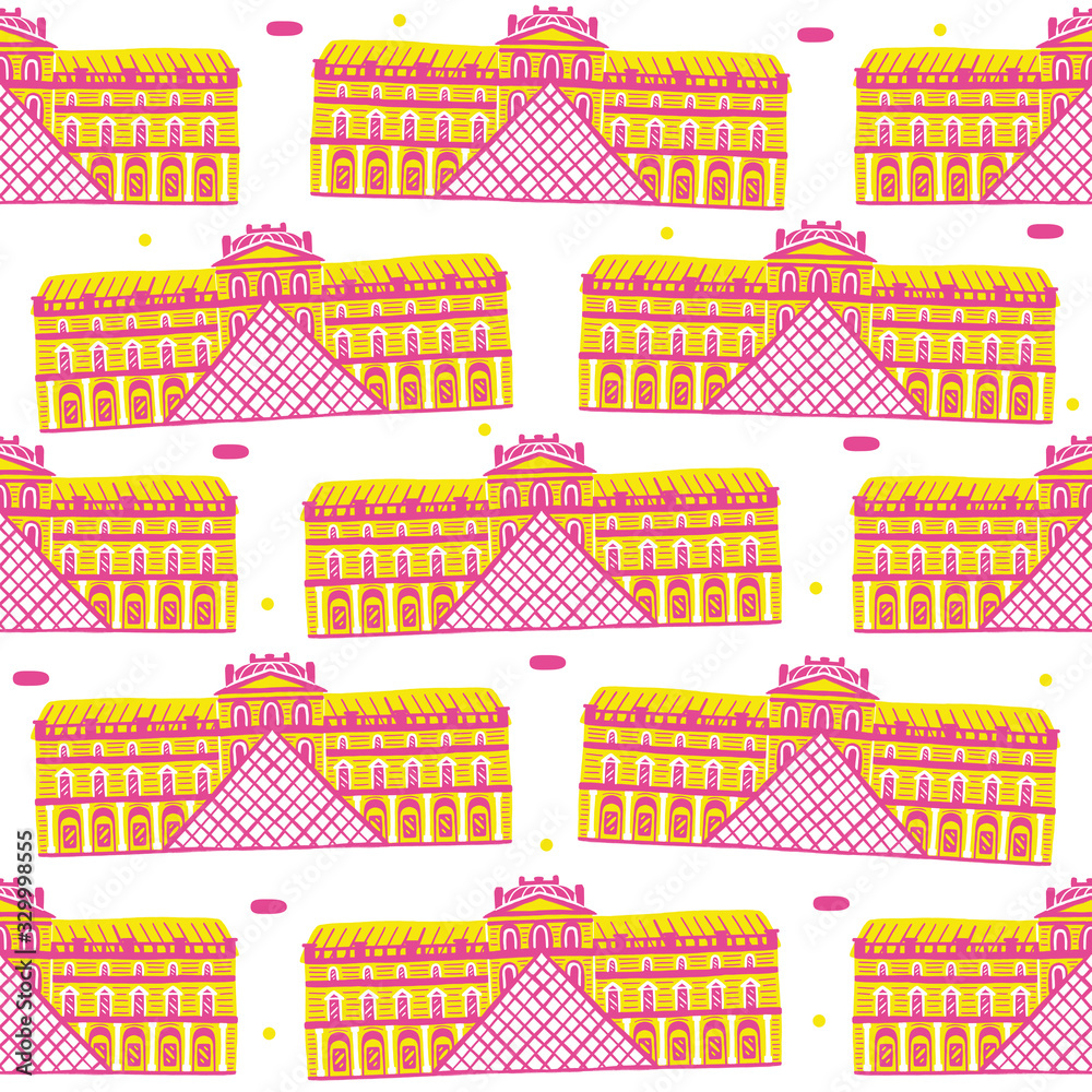 Naklejka premium Illustration of The Louvre Museum seamless pattern on white background. Paris icons and travels with flat design style..